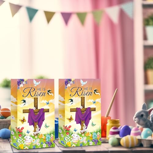 Gersoniel 28 Pack Easter He Is Risen Party Treat Bags Religious Easter Goodie Bags Paper Christian Candy Cookie Popcorn Pouch for Spring Theme Bible Church Egg Hunt Party Favors Supplies