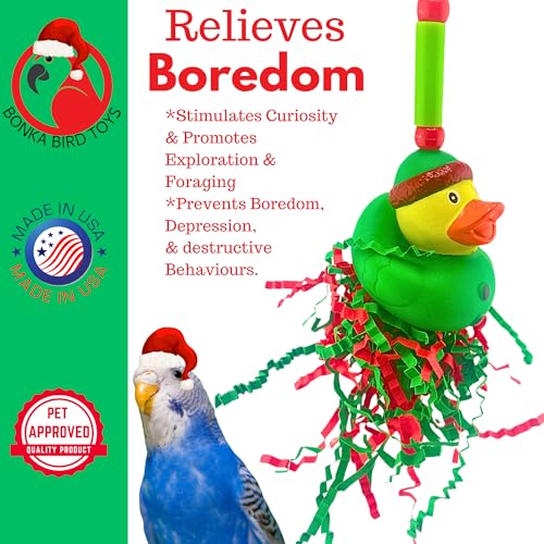 Bonka Bird Toys 2726 Christmas Elf Duck 7" x 4" Crinkle Paper and Vine Holiday Foraging Toy for Small to Medium Birds Cage Hanging Lovebirds, Conures, Parakeets, and Similar