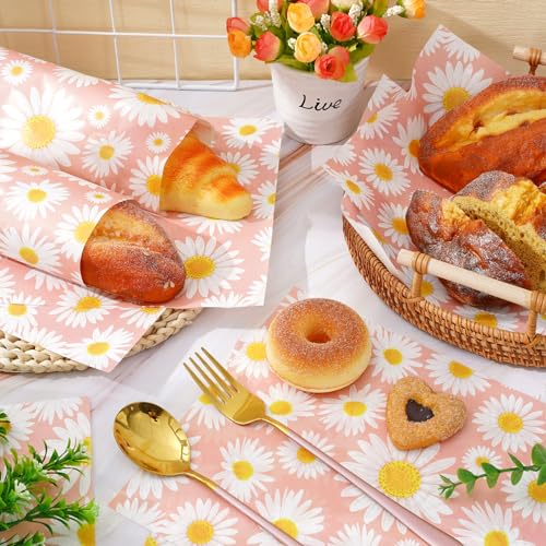 JarThenaAMCS 150 Pcs Daisy Pink Wax Paper Spring Flower Deli Paper Pastel Floral Food Sandwich Wrap Waterproof Oil-Proof Picnic Basket Liners for Party Kitchen Supplies, 9.8 x 8.3 Inch - color: Daisy Pink