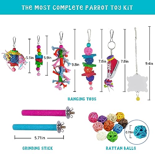 23pcs Bird Parakeet Cockatiel Toys,Parrot Swing Chewing Hanging Toy with Safe Bells,Bird cage Colorful Climbing Standing Rope Natural Wood Ladder Bungee Toys