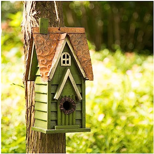 Glitzhome 12" H Green Hanging Distressed Solid Wood Garden Bird House Decorative Birdhouse - color: 12"H Green