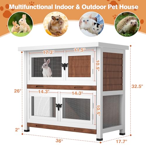 2 Story Rabbit Hutch, Indoor Outdoor Bunny Hutch Solid Wood Rabbit Cage with Removable Trays, Waterproof Asphalt Roofs and Ventilation Door, Small Animal House for Rabbit Guinea Pig Ferret, Walnut - color: Walnut