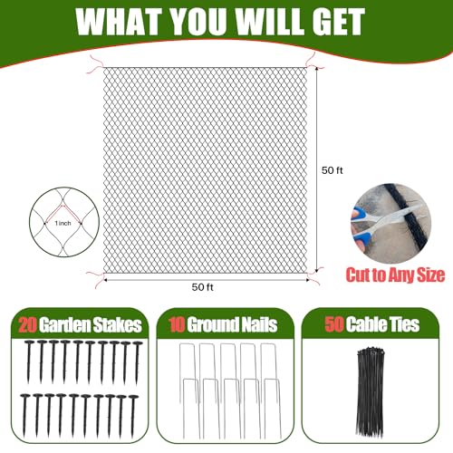Bird Netting for Chicken Coop Roof - 50' x 50' Tear Resistant Poultry Netting, 1" Square Mesh Garden Netting for Garden Protection, Plant, Fruit Tree, Against Birds, Deer, and Hawks - size: 1", 50' x 50'