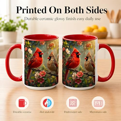 Cardinal Garden Coffee Mug, Bird Lover Mug, Spring Nature Gift for Home Office, Red Songbird Pair with Cherry Blossoms Branch Artwork, Ceramic Red Accent Handle Cup 15 Oz Drinkware (Bird Pair 15oz) - color: Bird Pair 15oz