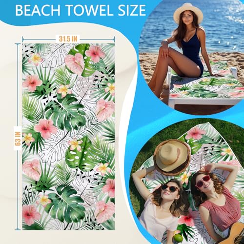 2 in 1 Beach Towel Bag Green Tropical Leaf Beach Backpack Towel - color: Tropical Leaves Green