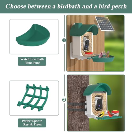 Bird Feeder with Camera, 3K Smart Bird Camera with AI Identification & Bird Bath, Solar Powered Wireless Outdoor Bird House with Spill-Proof Net, Ideal Backyard Bird Watching Gift to Bird Lovers - color: Dark Green