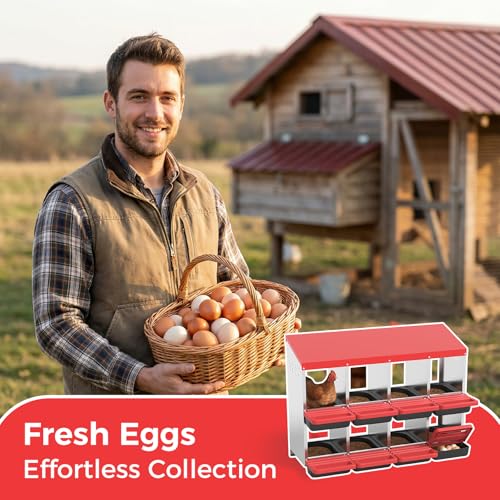Garvee 8-Hole Chicken Nesting Box with Removable Lid, Metal Chicken Coop with Roll Away Design/Easy Egg Collection/Ventilation Holes, for Chicken Coops, Duck Coops and Hens (RED) - color: RED, size: 8-Hole