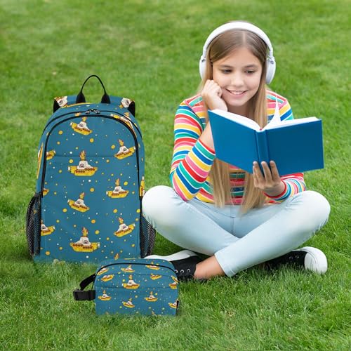 Yellow Submarine Backpack with Lunch Bag, School Travel Backpack for Teens Boys Girls Kids Backpacks Set - color: Yellow and Blue