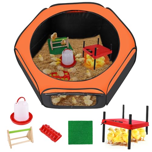 Brooder Box for Chick, 6-in-1 Chick Starter Kit - Brooder Heating Plate | Pop Up Chick Brooder Box with Baby Chicken Pen, Feeder, Waterer, Perch, Nesting Pad Up to 15 Baby Chicks, Duck and Quail