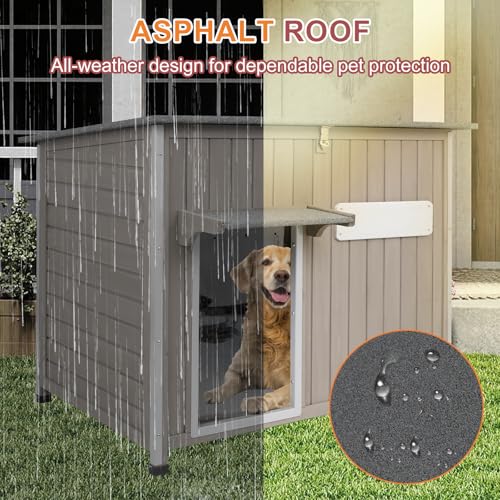 Outdoor Dog House Weatherproof, Wooden Puppy Shelter with Anti-Chewing Iron Frame and Elevated Floor, Sturdy Dog Kennel for Small, Medium & Large Dogs (Gray, 40" L x 26" W x 31" H) - size: 40" L x 26" W x 31" H