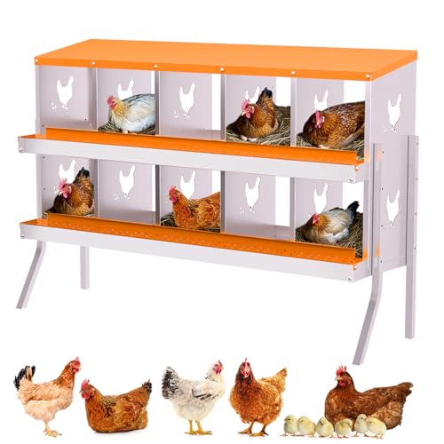 Chicken Nesting Box, 10 Holes Metal Roll Away Eggs Laying Box with Automatic Roll-Away Egg Collection System & Removable Tray, Wall Mount or Placed Design for Easy Egg Collection & Cleaning - color: Orange, size: 10 holes with legs