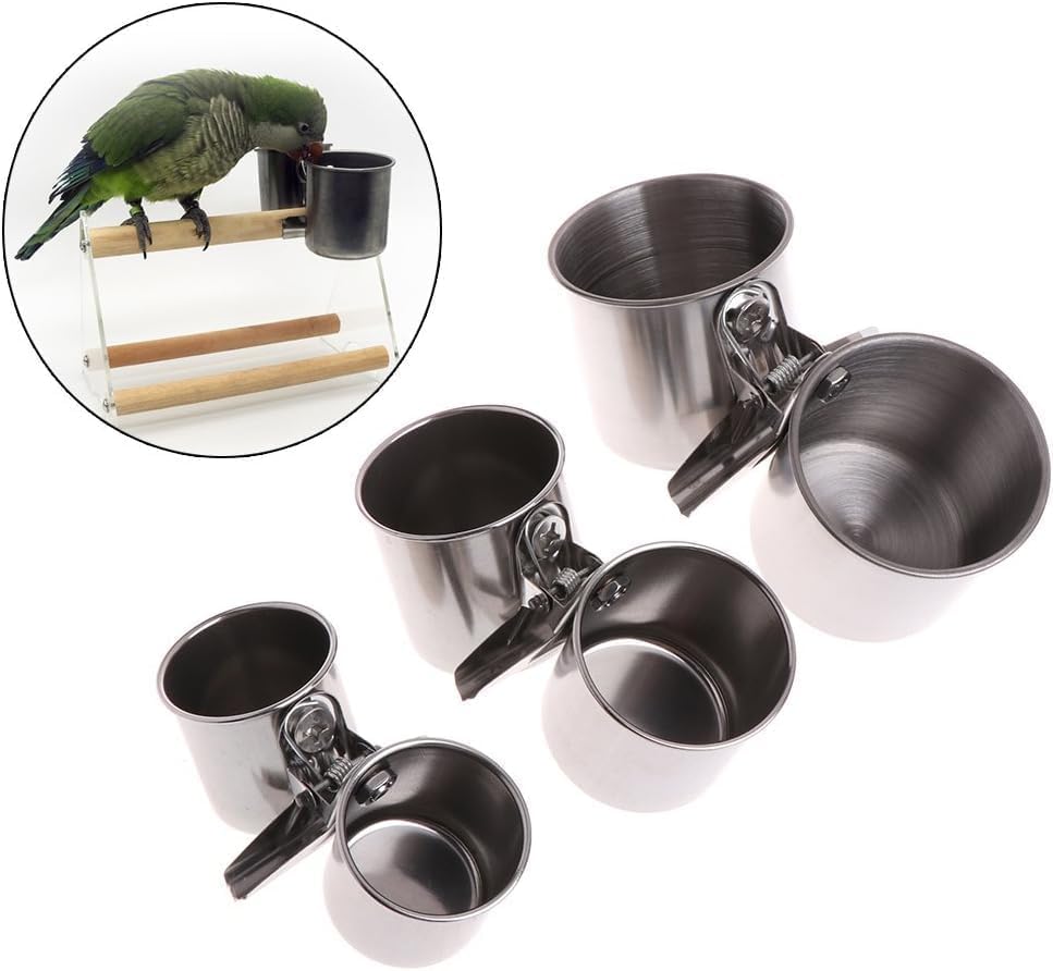 Silver Parrot Feeding Cups Hanging Pet Animal Stainless Steel Birdcage Bowls Bird Bowls for Cage Parakeet Cage Accessories Suitable Small Medium Bird Pet Supplies