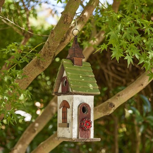Glitzhome Bird Houses for Outside, Bluebird Houses for Outdoors,15.75"H Solid Wood Birdhouse Distressed Cottage Decorative Hanging Outdoor Garden Bird House for Wren Sparrow Hummingbird Finch Cardinal - color: 15.75"H White&Green