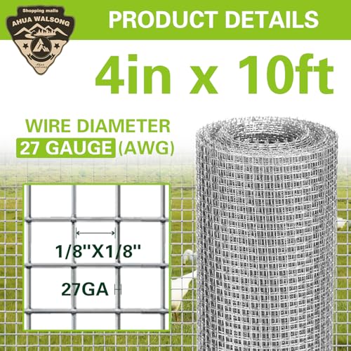 Hardware Cloth 4" x 10', 1/8" 27 Gauge Galvanized Wire Mesh Roll, Welded Metal Screen for Chicken Coops, Poultry Fencing, Animal Cages, Garden Barriers, DIY Craft Projects - size: 1/8" 27ga 4in x 10ft