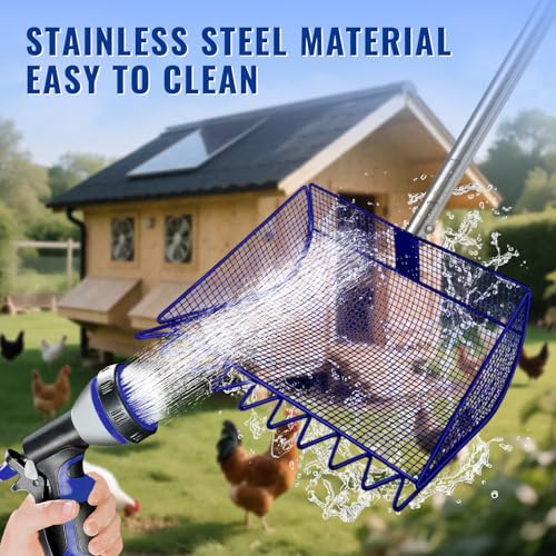 2-in-1 Chicken Coop Scooper: Extra Large 12” Poop Scooper & Rake with Adjustable Handle (37”-65”) | Heavy-Duty Metal Shovel for Quick Pet Waste, Rabbit, Guinea, Barn Cleaning | US Patent Pending, Blue - color: Blue