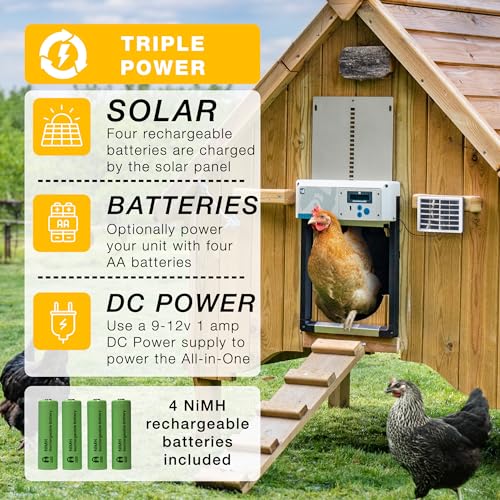 ChickenGuard AIO Complete Automatic Chicken Coop Door Plus Solar Kit | Solar-powered automatic chicken door opener with timer/light sensor, anti-pinch, weather-resistant anti-lift aluminum door