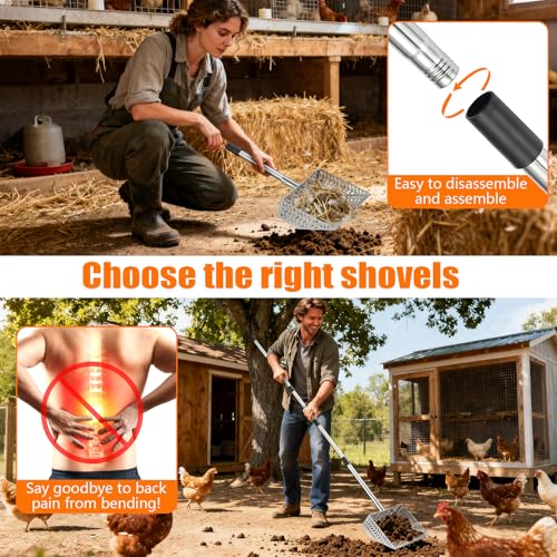 304 Stainless Steel Chicken Poop Scooper & Rake 2-in-1 with Spill-Proof Sides, 10 inch Coop Scoop - 38" to 80" Adjustable Handle & Perfect Sifting Holes