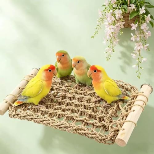 SNBBGTLadder Perch for Cage,Bird Water Grass Net Hammock Toy,Natural Hand-Woven Parrot Net Climbing Chewing Hammock,Suitable for Various Parrots，Natural. ﻿