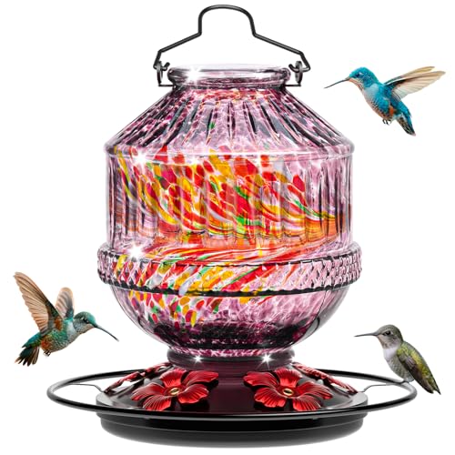 Hand Blown Glass Hummingbird Feeders for Outdoors, 25 Ounces Wild Bird Nectar Feeder with Perch & 5 Flower Feeding Ports Leak Proof Hanging for Garden Backyard Decor, Gifts for Women Mom, Purple - color: Phoenix Purple