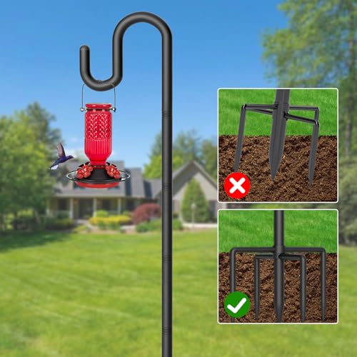 Shepherds Hook for Bird Feeder, 76" Heavy Duty Double Bird Feeder Pole with 5-Prong Base, Thickened Metal Shepherd Hook for Outdoor Hanging Plant Baskets, Hummingbird Feeder, Black, 1 Pack - size: 76", style: 1 Pack