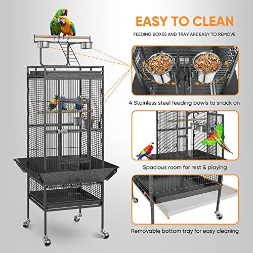 61 inch Iron Bird Cage, Play Top Parrot Cage with Rolling Stand for Parrot Cockatiels Parakeet Cage Macaw Finch Cockatoo Perch Pet House, Black - size: 25.6"L x 25.6"W x 61.0"H