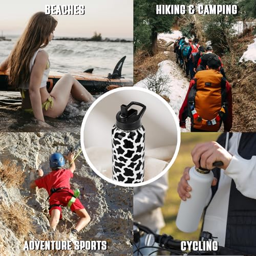 Cow Print Water Bottle with Straws Insulated Cowboy Travel Thermal Double Walled Vacuum Cup Leak Proof Stainless Steel Tumbler Cow Lovers Decor Gifts-32 oz - color: Black white