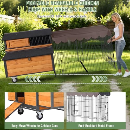 GUTINNEEN Large Chicken Coop with Run, Mobile Chicken Tractor for 6-8 Chickens, Upgraded Metal Frame Hen House with Wheels, 6 Nesting Boxes, Metal Pull-Out Tray, Asphalt Roof - size: 76.65"L x 53.81"W x 36.81"H