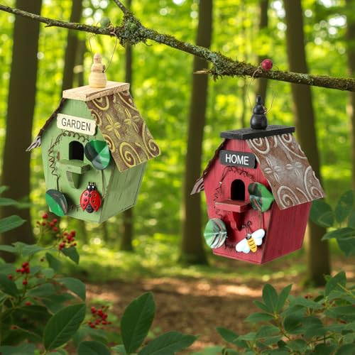 DoubleFill 2 Pcs Birdhouses for Outdoor Hanging Yard Outside Wooden Birdhouse Hand Painted Bird Box for Bird Lovers Bluebird Tree Garden Decor Decorative Birdhouse(Red,Green,Iron Roof) - color: Red,Green, size: Iron Roof
