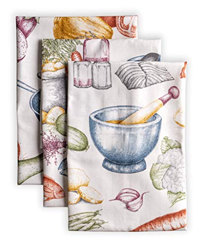 Maison d' Hermine Kitchen Towels Set of 3 Reusable 100% Cotton 27.50" x 20" | Cloth Tea Dish Towels Absorbent with Hanging Loop for Kitchen Dining Party Wedding Hotel Home Spring Summer - Gastronomie - color: 051 - Gastronomie