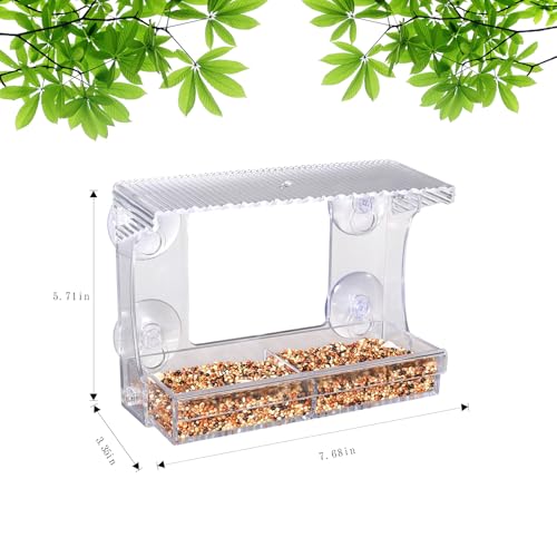 SUQ I OME Window Bird Feeder for Outdoors, Clear Acrylic | Tilted Roof, Strong Suction Cups, Rain Proof, Transparent Wild Bird Watching House
