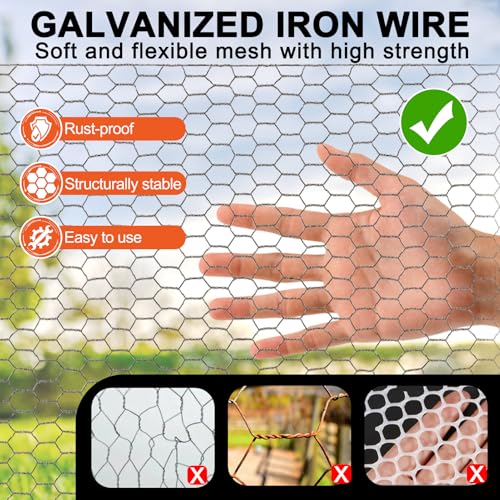 Fabulas Chicken Wire Fencing Mesh, 15.3 x 177 Inches Metal Floral Wire Fence for Crafts Poultry Garden, Hexagonal Galvanized Hardware Cloth Netting for Chicken Coop Barrier Rabbit Cage - size: 15.3in x 177in