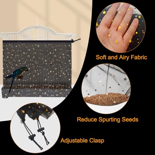 Bird Cage Seed Catcher, 60-118'' Large Bird Cages Cover, 31.5'' H Adjustable Nylon Bird Cage Mesh Net, Soft Airy Bird Cage Skirt Guard Accessories for Parrot Parakeet Macaw (Black) - color: Black, size: Large