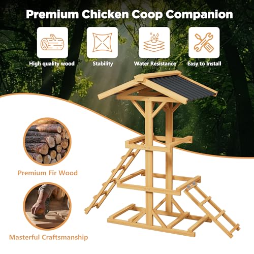 Wood Parrot Perch Multi-Tier Bird Play Stand with 2 Ladders and Canopy | Stable Wooden Bird Activity Playground, Suitable for Small Medium Parrots, Backyard Cage Accessory