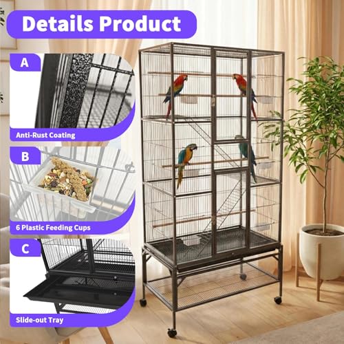 31L x 18W x 69.5H Inch Parrot Cage Included 6 Stainless Steel Cups Pull-Out Cleaning Tray for Conures Senegal Parrots