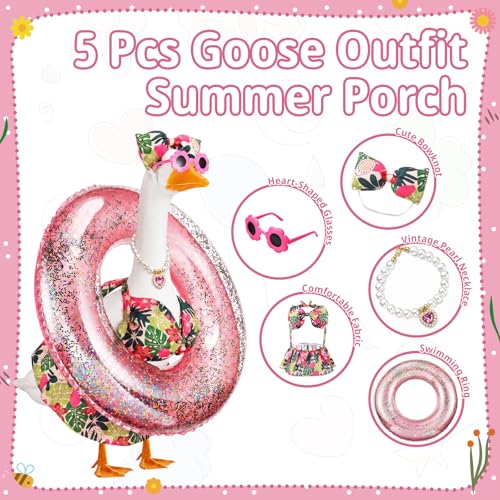 Bikini Porch Goose Outfit with Sunglasses & Swim Ring - Summer Hawaiian Flower Costume for 23" Garden Goose Statue Decor - style: Flower