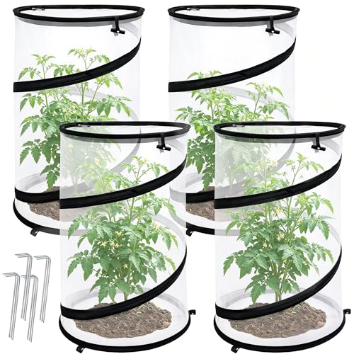 4 Pcs Pop Up Insect Barrier Plant Cover Net, 19.6" x 11.8" Round Foldable Plant Protectors Mesh Plant Enclosure, Garden Net Cage Guard Cover with Stakes & Carry Bag for Protect Plants from Bird Insect