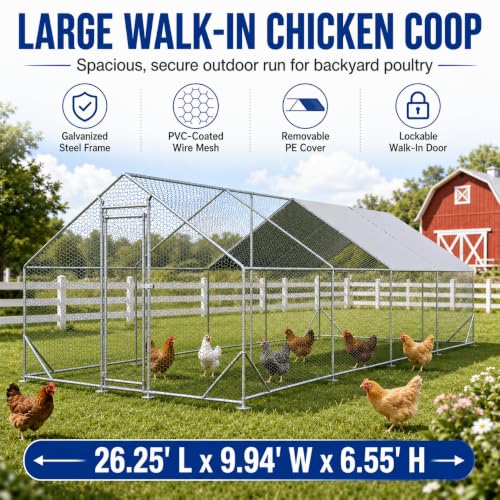Large Metal Chicken Coop Run with Removable PE Cover, Walk-in Galvanized Steel Poultry Enclosure with PVC-Coated Wire Mesh and Lockable Door for Chickens, Ducks and Rabbits (10'Lx26' W x6.56' H) - size: 312.0"L x 120.0"W x 78.7"H