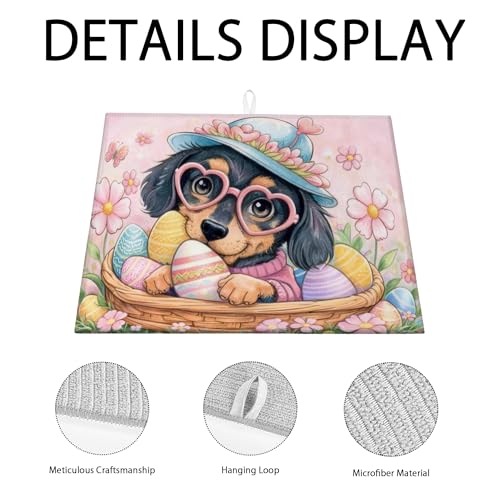 Easter Floral Dish Drying Mats for Kitchen, Cute Dog with Eggs Absorbent Dish Rack Mat, Spring Fanciful Microfiber Drying Pad for Counter Protector 18x24 Inch - size: 24" x 18"