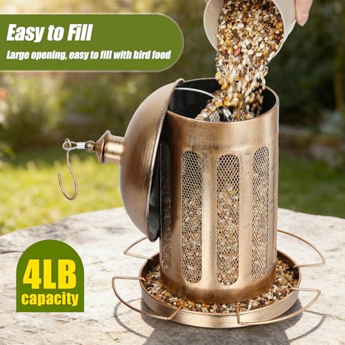 Bird Feeder, 4LB Large Capacity Bird Feeders for Outdoor Hanging | Heavy Duty Metal, 4 Perches, With Drain Holes, Wild Birdfeeder, For Outside Garden Yard Decor, Retro Lantern Shape - color: Brown