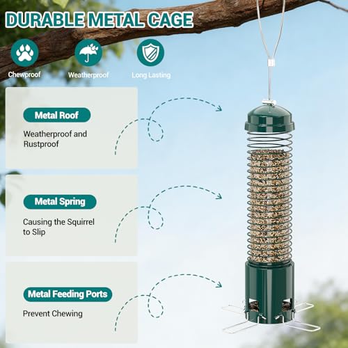 Squirrel Proof Bird Feeder, Metal Bird Feeders for Outdoors Hanging, 3.6LB Large Seeds Capacity for Wild Birds, Finch, Cardinal, Blue Jay, Chickadee, Green - color: Green