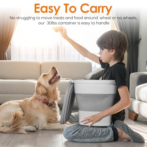28-30lbs Collapsible Dog Food Storage Container,Airtight Dog Food Container | Pet Food Storage Container with Double Seal Lid,Wheels,Multifunctional for Dog,Cat,Rice,Flour,Scoop &Small Container - color: Grey-30lbs