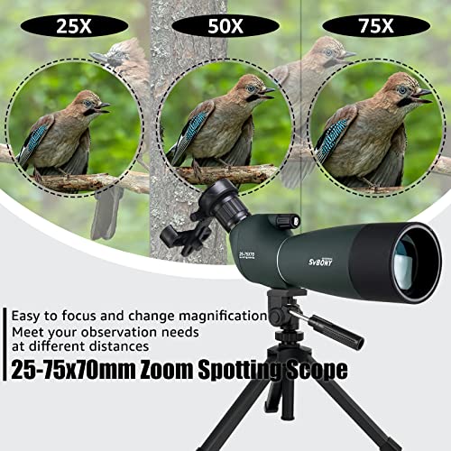 SVBONY SV28 Spotting Scope for Target Shooting with Upgrade Tripod Stable | 25-75x70mm Spotter Scope, Fold Down Eyecup/ Phone Adapter/ Carry Bag, Waterproof Beginner for Bird Watching Wildlife Viewing - style: 25-75x70 With Upgraded Tripod
