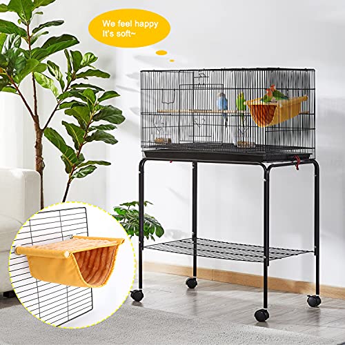 BWOGUE Bird Nest Bed Hanging Hammock, Parakeet Bed for Cage, Cockatiel Bed | Warm Fleece Snuggle Hut, Double-Layer Comfort, Wooden Perch Setup, Washable Hammock - color: Yellow, size: Medium (9"x7.2")