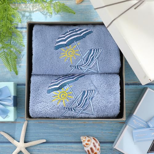SmoothNovelty 2 Pcs Beach Chair Hand Towels for Bathroom Decor 14x29 Inch | Embroidered Bathroom Hand Towels, 100% Cotton, Soft Absorbent, Summer Beach Coastal Theme Bathroom Kitchen Decor - style: Classic Beach Chair