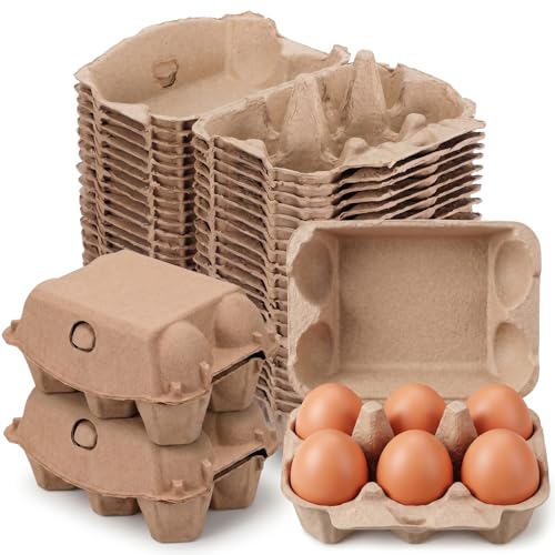 Kuyeysu 50 Pack Half Dozen Vintage Egg Cartons Blank Natural Pulp Egg Carton 6 Count Reusable Storage Tray Strong Storage Container, 5.9 x 4.1 x 2.95 Inches