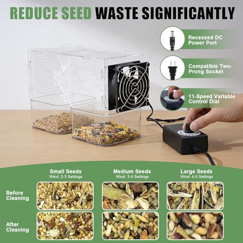 Bird Seed Cleaner Machine, Bird Seed Husk Separator with Adjustable Speed Fan, Transparent Acrylic Seed Separator for Parrot, Cockatiel, Parakeet Food, Washable Shell Remover