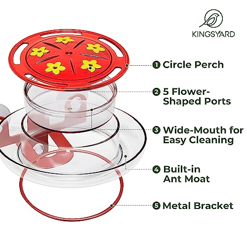 Kingsyard Window Hummingbird Feeder with 3 Extra Strong Suction Cups | Leak-Proof Design, Built-in Ant Moat & 5 Bee-Proof Ports, Circular Perch with 360° Feeding, 8 oz Nectar Capacity (2 Pack)