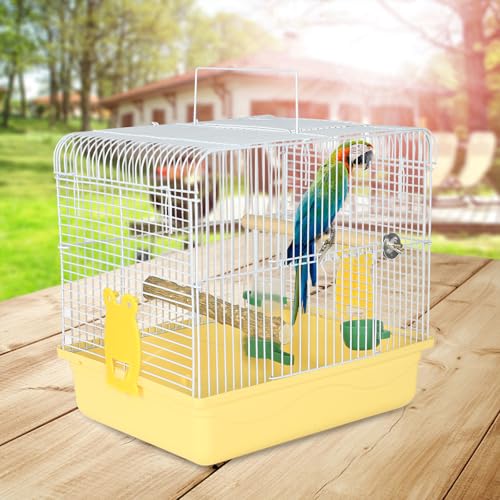 Small Bird Cage for Travel, Parrot Carrier with Handle 9.5"L x 12"W x 12"H | Easy to Assemble, Birdcages with Feeder Cups & Standing Perch for Smaller Birds Conures Lovebird Cockatiel Parakeets, Yellow - color: Yellow