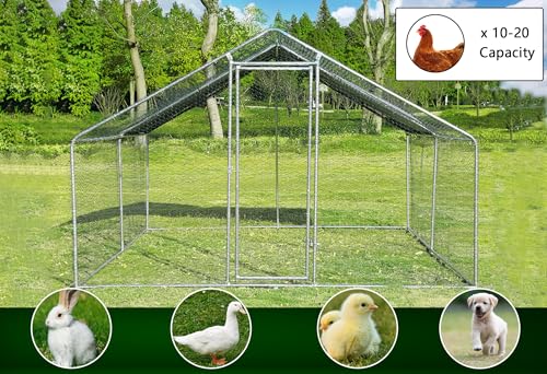 Large Metal Chicken Coop Round Top Upgrade Tri-Supporting Wire Mesh Chicken Run,Chicken Pen with Water-Resident and Anti-UV Cover,Duck Rabbit House Outdoor (Spire Roof 10’ W x 13’ L x 6.5’ H)