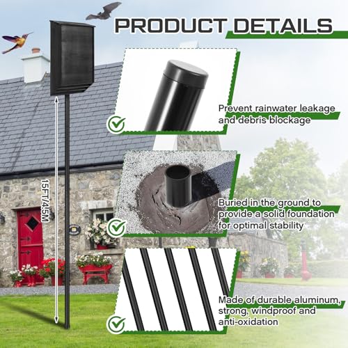 Yaocom 2 Pack 15FT Telescoping Bat House Poles Aluminum Adjustable Purple Martin House Pole with Ground Socket Heavy Duty 5-Section Pole Kit Bird Feeder Accessories for Outdoor Wildlife Nest